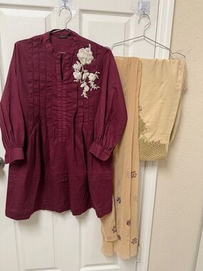 Cotton Embroidered Maroon Tunic with Beige scarf Set